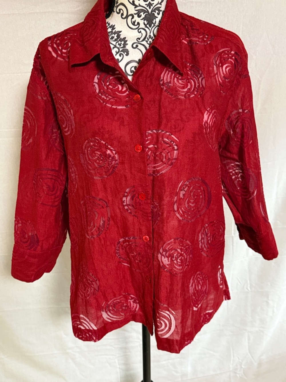 Mirasol Vintage Maroon Red Button-Down Swirl Pattern Semi Sheer Textured Shirt